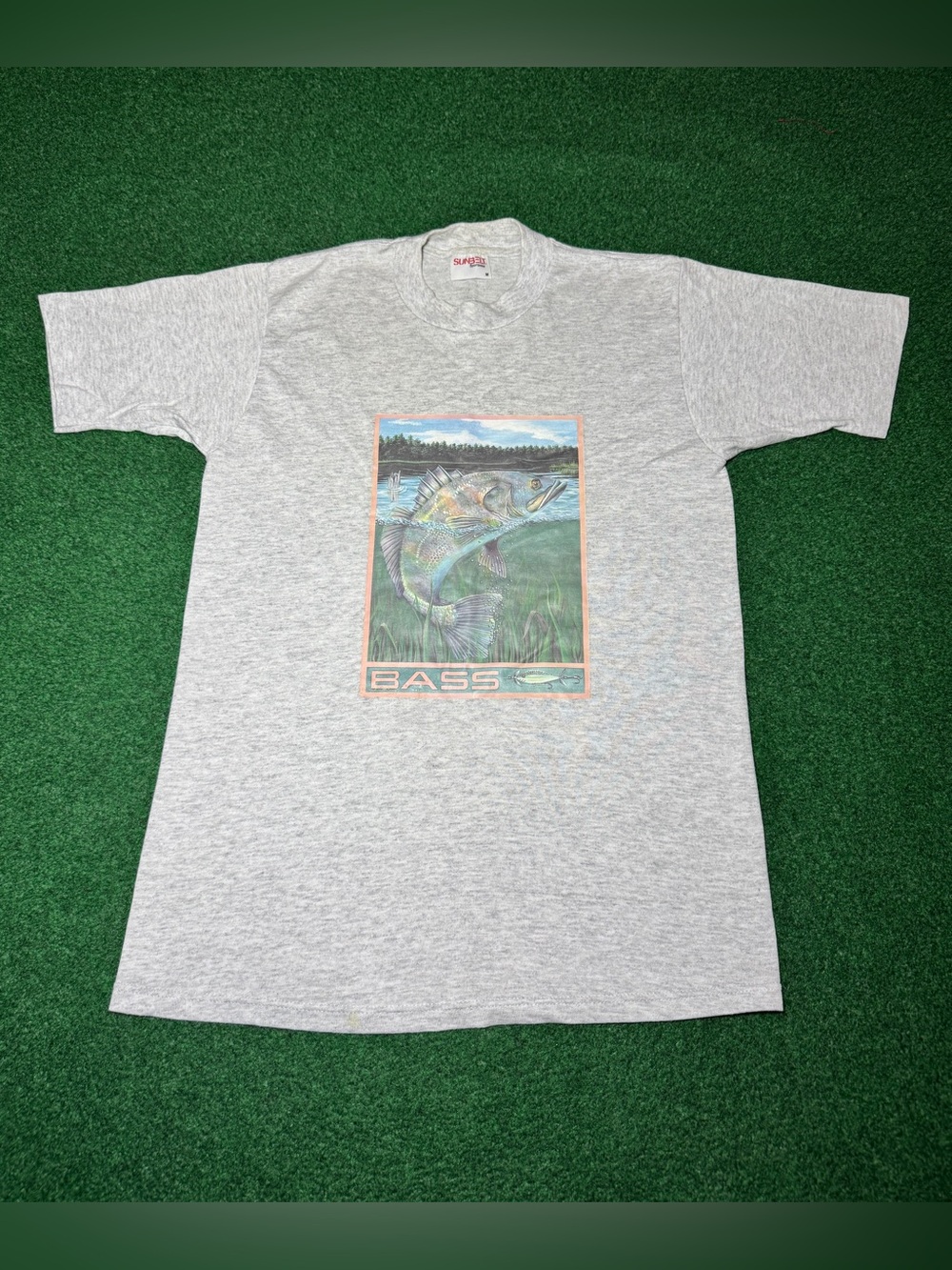Vintage Bass Fish Tee Medium 18x27 Gray Fishing 80s 90s T Shirt